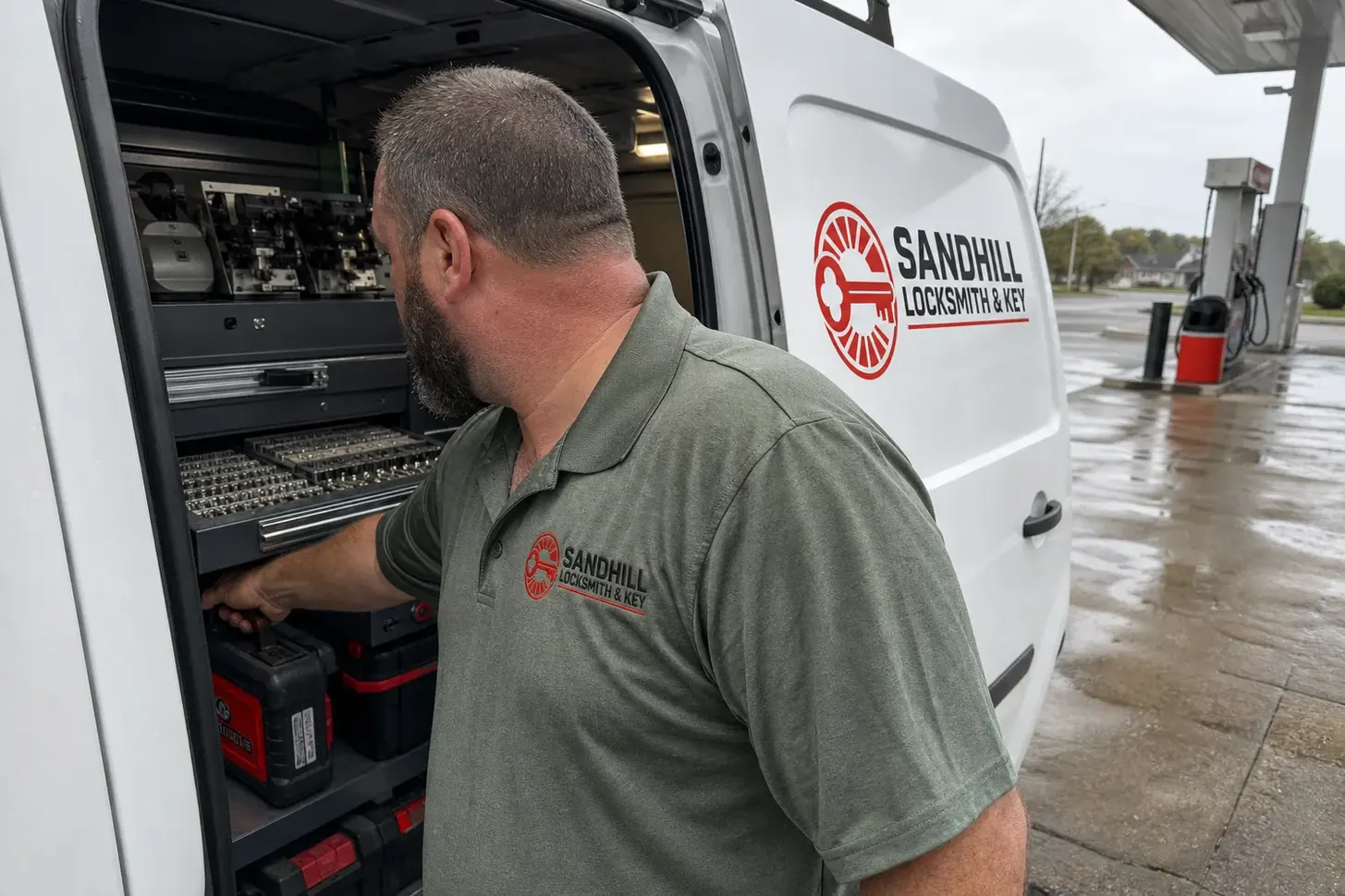 The Sandhill Locksmith & Key service van, stocked for lockouts and key cutting in Deland