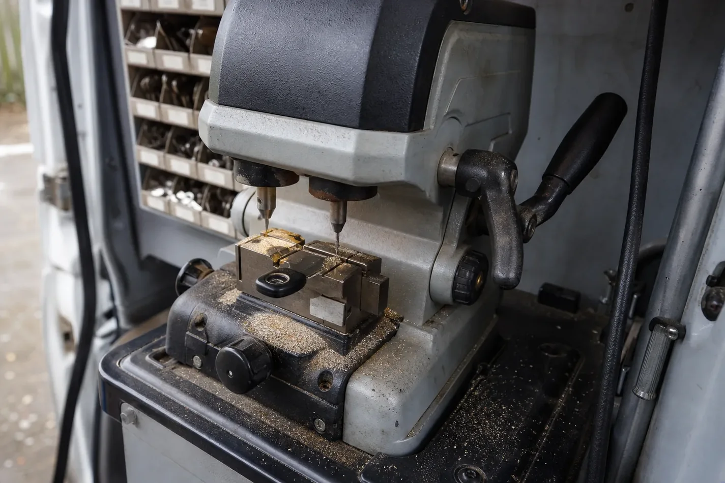 Key cutting machine in the service vehicle, FL